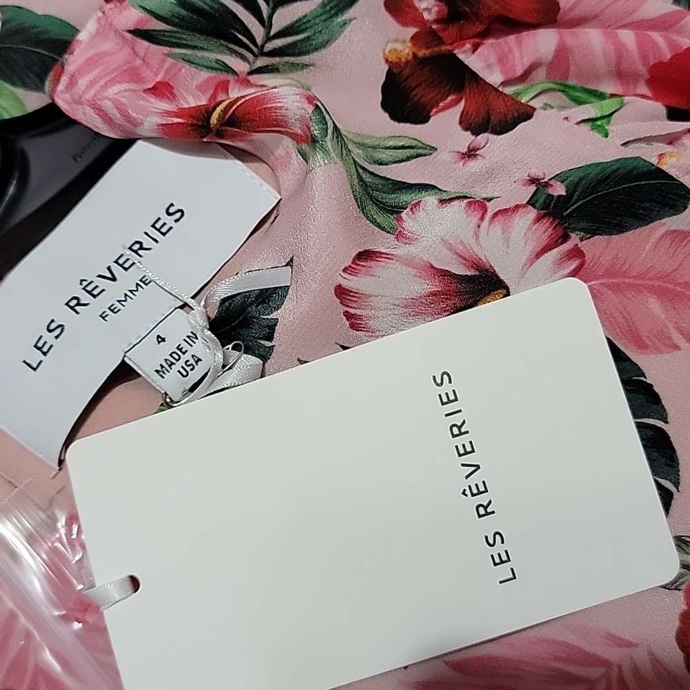 Nwt LES RÊVERIES Floral Silk Mini Dress Blouson Puff Sleeves Hibiscus Palms - Picture 9 of 10